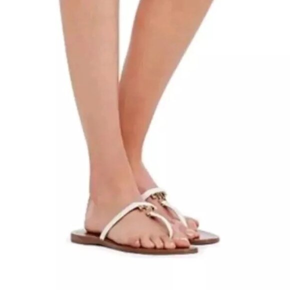 Tory Burch Women's T-Strap Thong Sandals Flats In White Patent Saffiano Size 6M - Picture 1 of 16